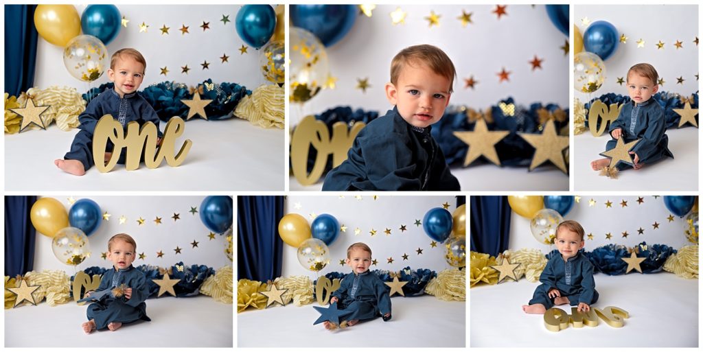 one year old baby in blue and gold set