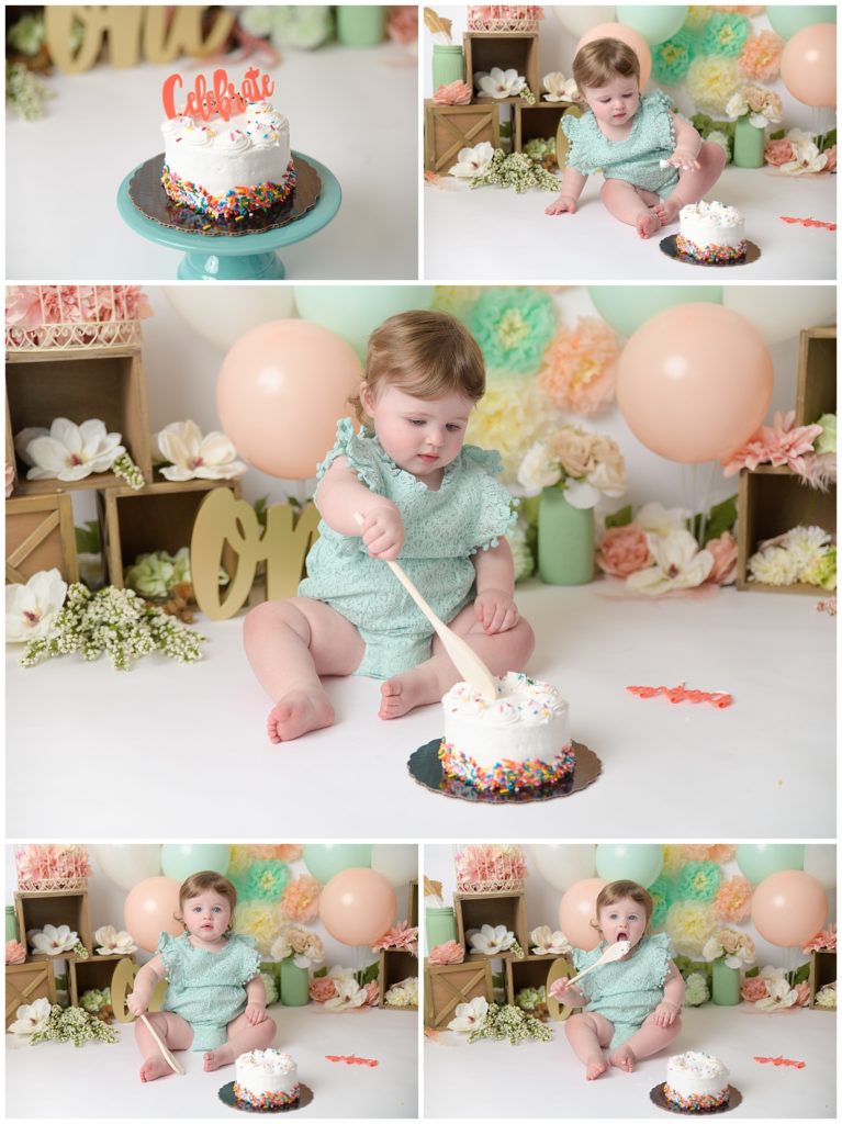 peach and mint themed cake smash for one year old girl