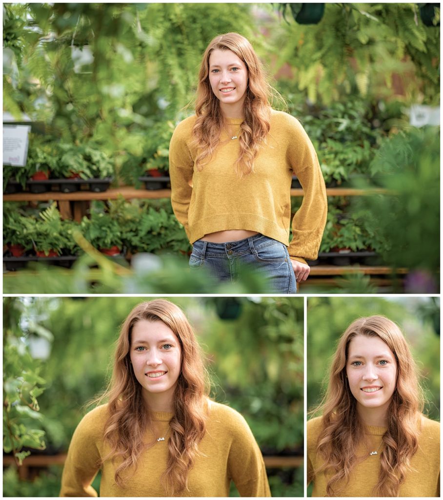 senior session greenhouse girl in  yellow sweater