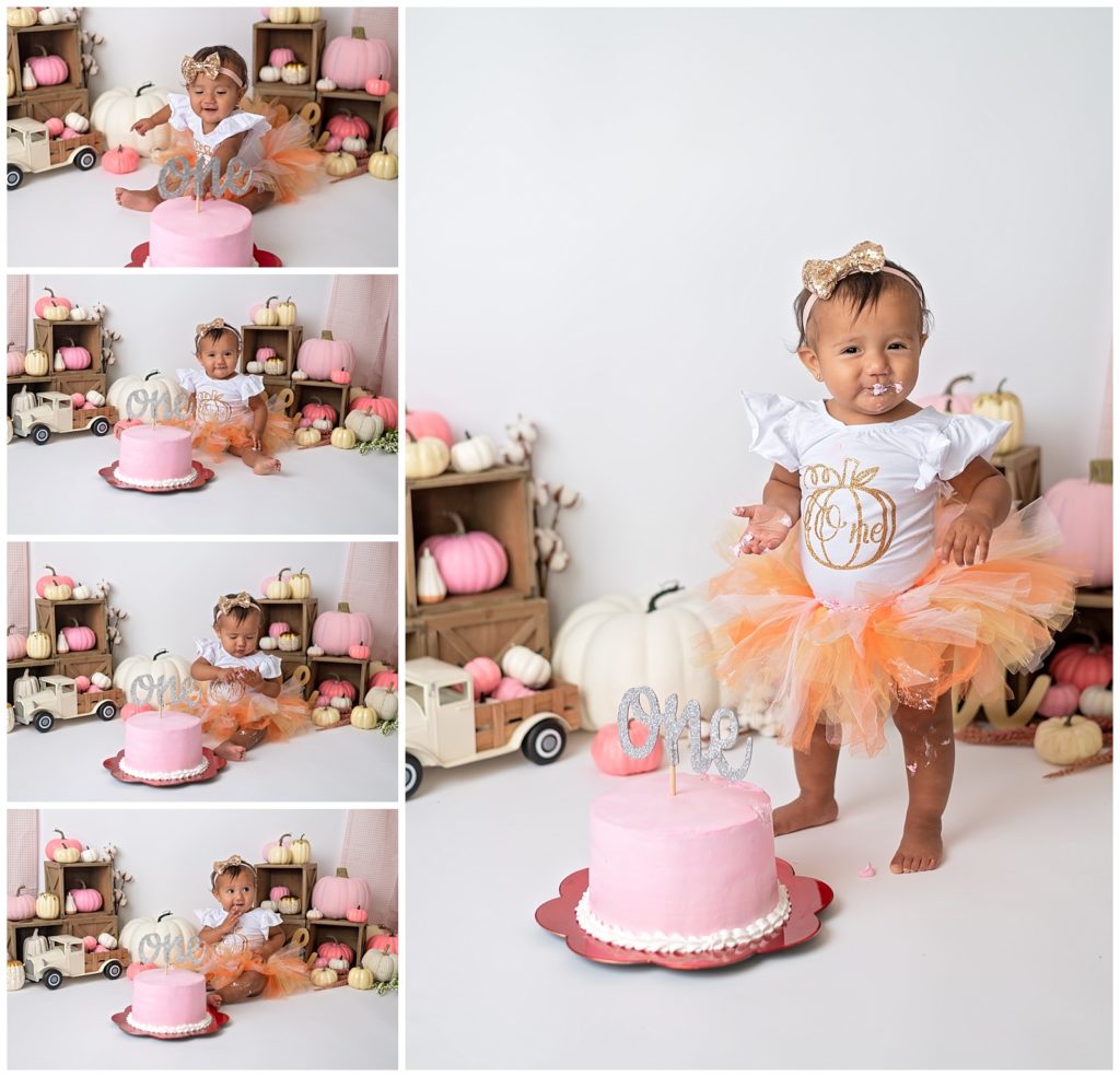 baby girl pink pumpkins cake smash