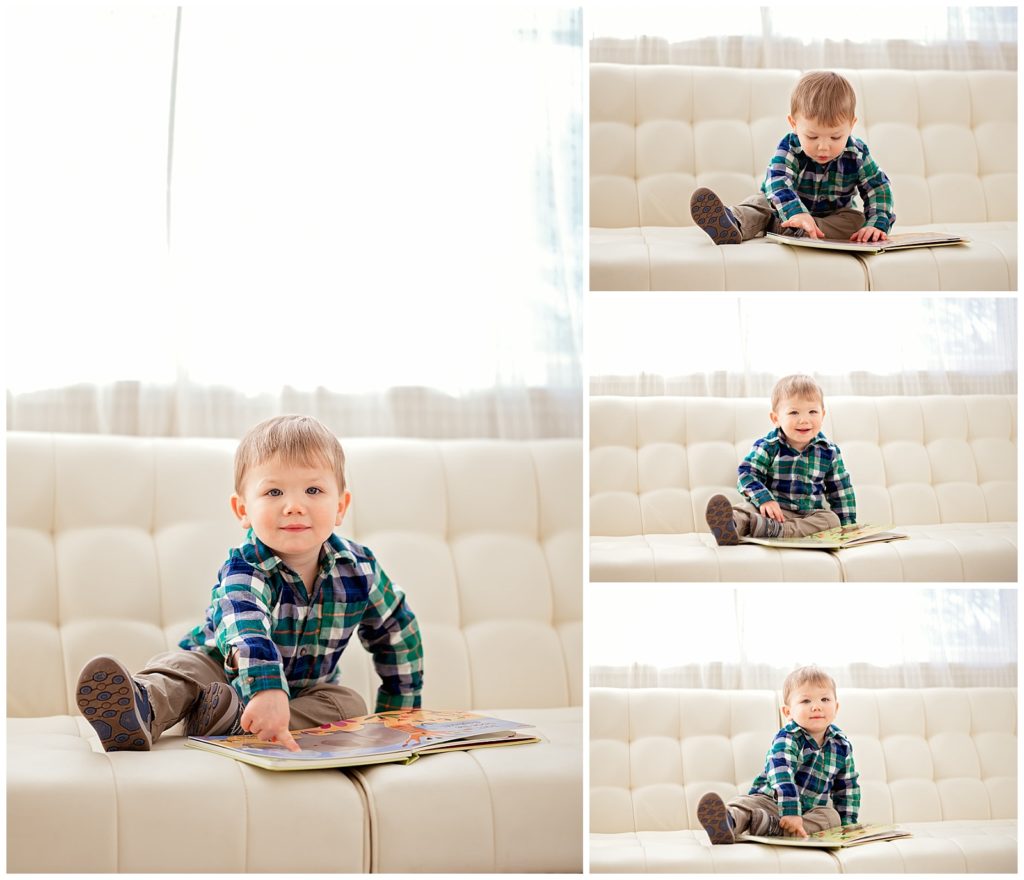 18 Month Milestone Session boy on white couch