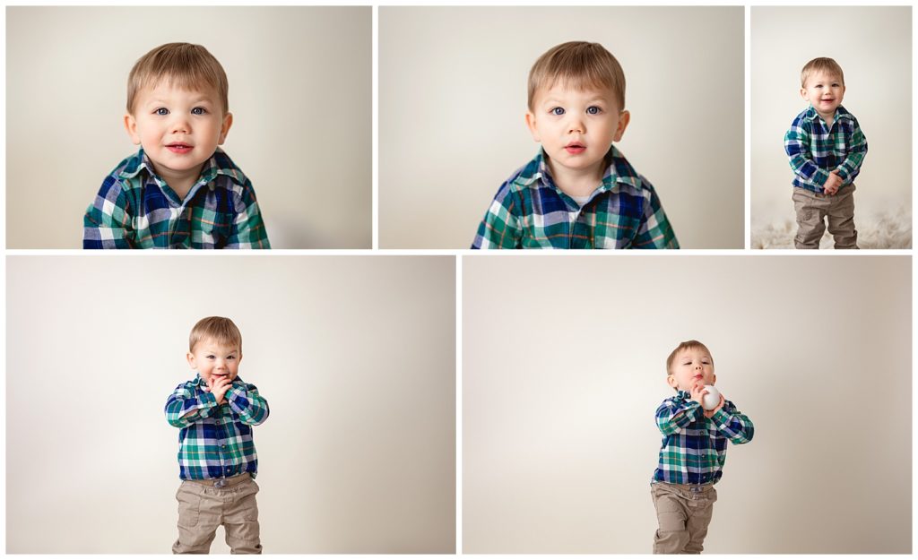 toddler boy photography session on cream background