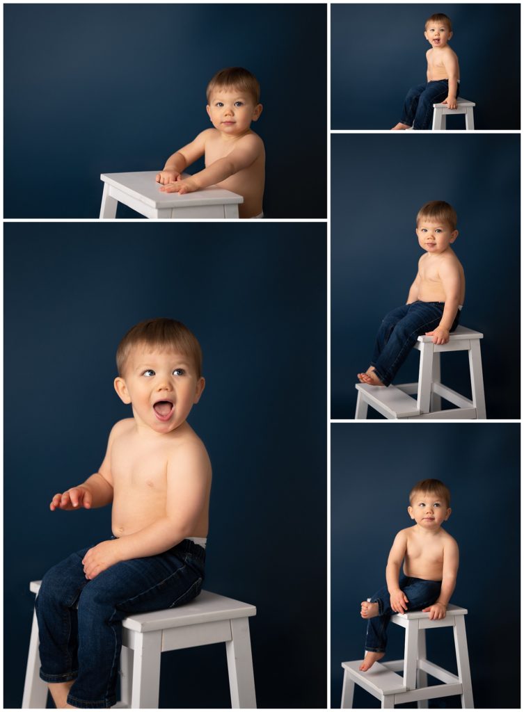 shirtless toddler boy milestone photography session