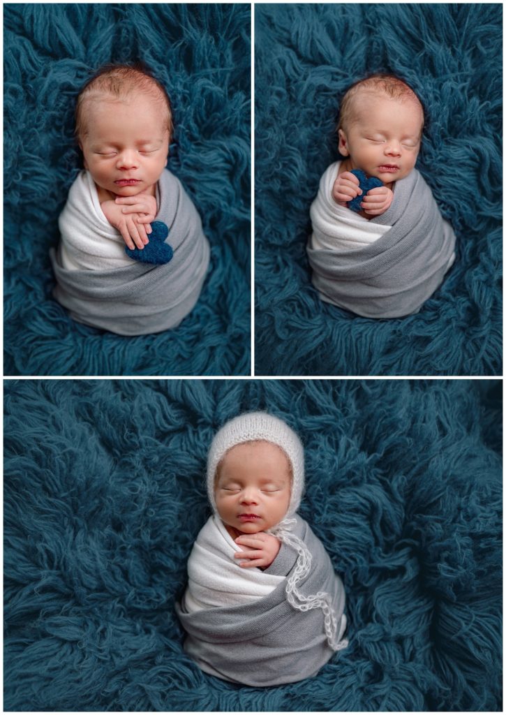 swaddled baby boy in two-tone wrap