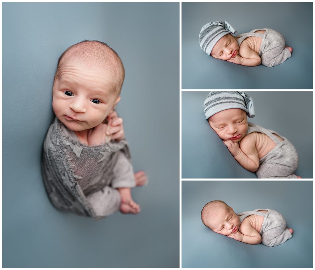 newborn boy photography session on blue background