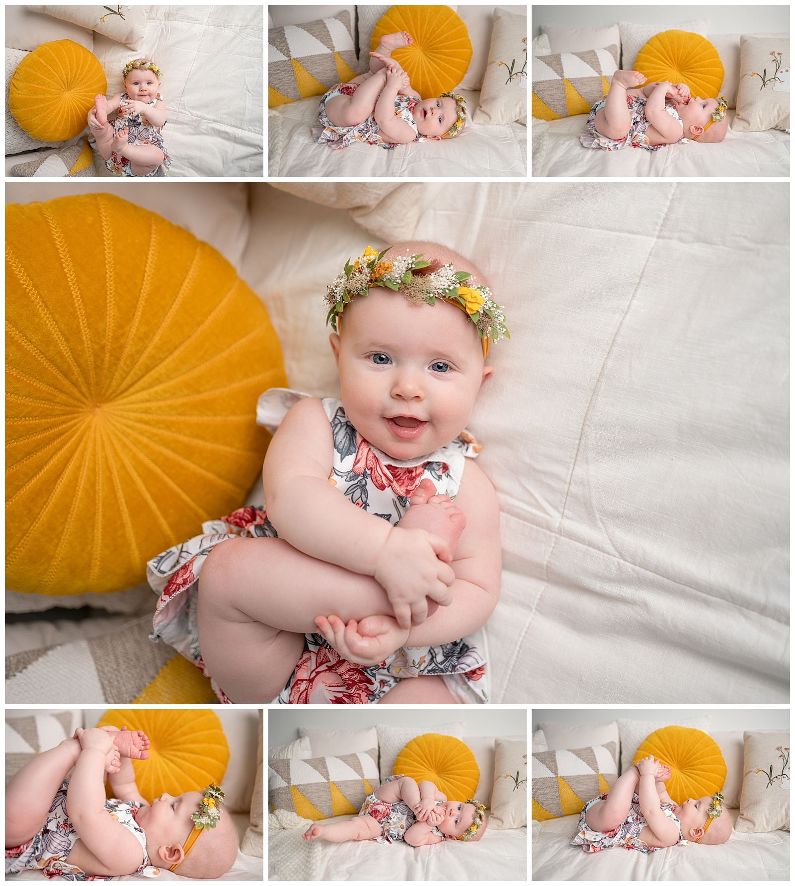 six month old baby girl in mustard yellow floral romper