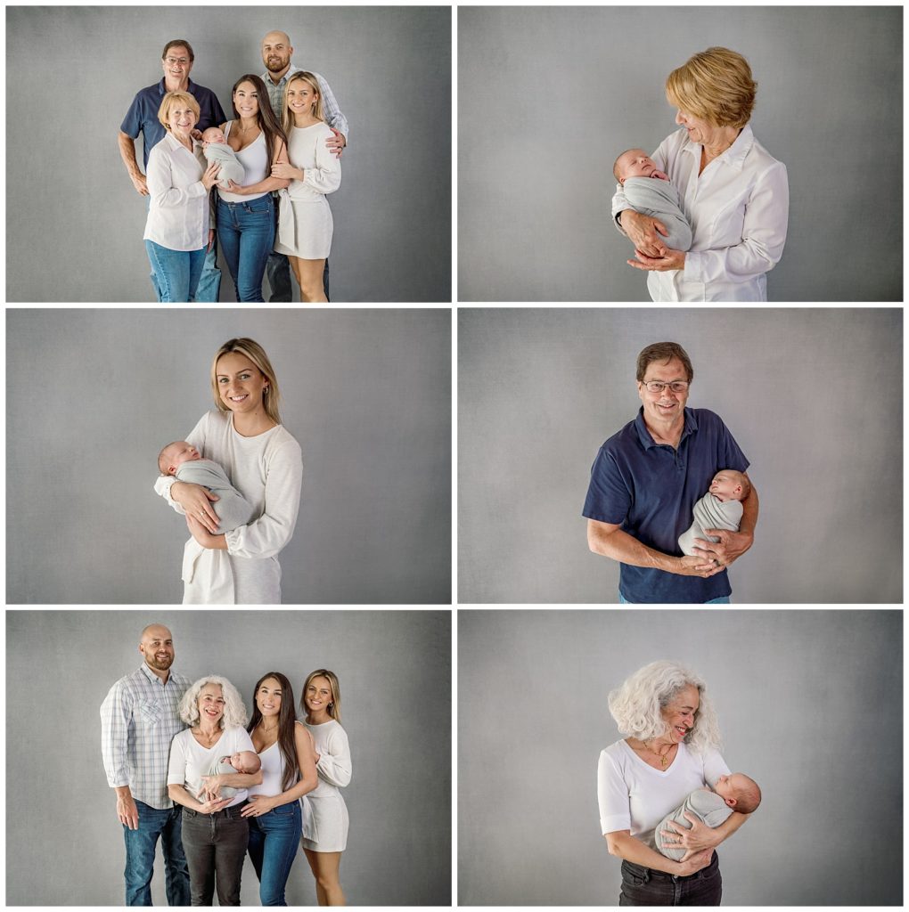 newborn family pictures on grey backdrop