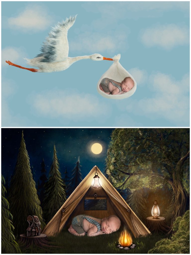 newborn boy composite images tent and stork