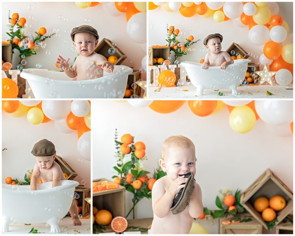 one year old baby boy splash bathtub cake smash session 