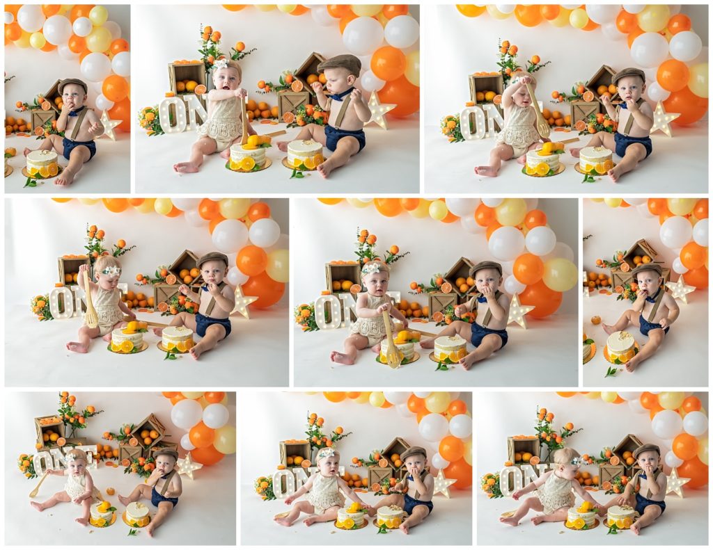 boy girl twin cake smash session with orange and white colors
