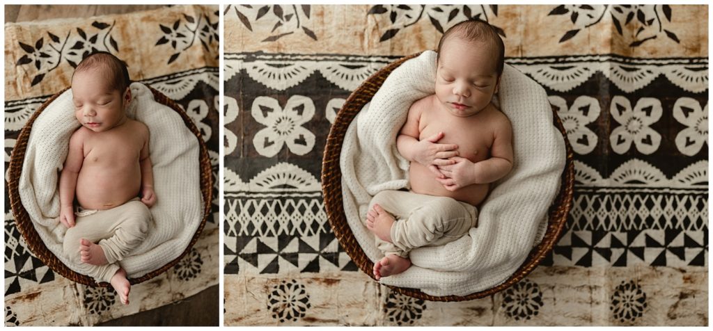 newborn baby  boy on fiji traditional print fabric