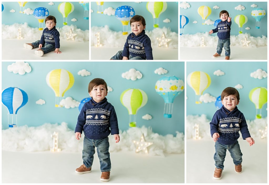 one year old boy with hot air balloon theme photoshoot