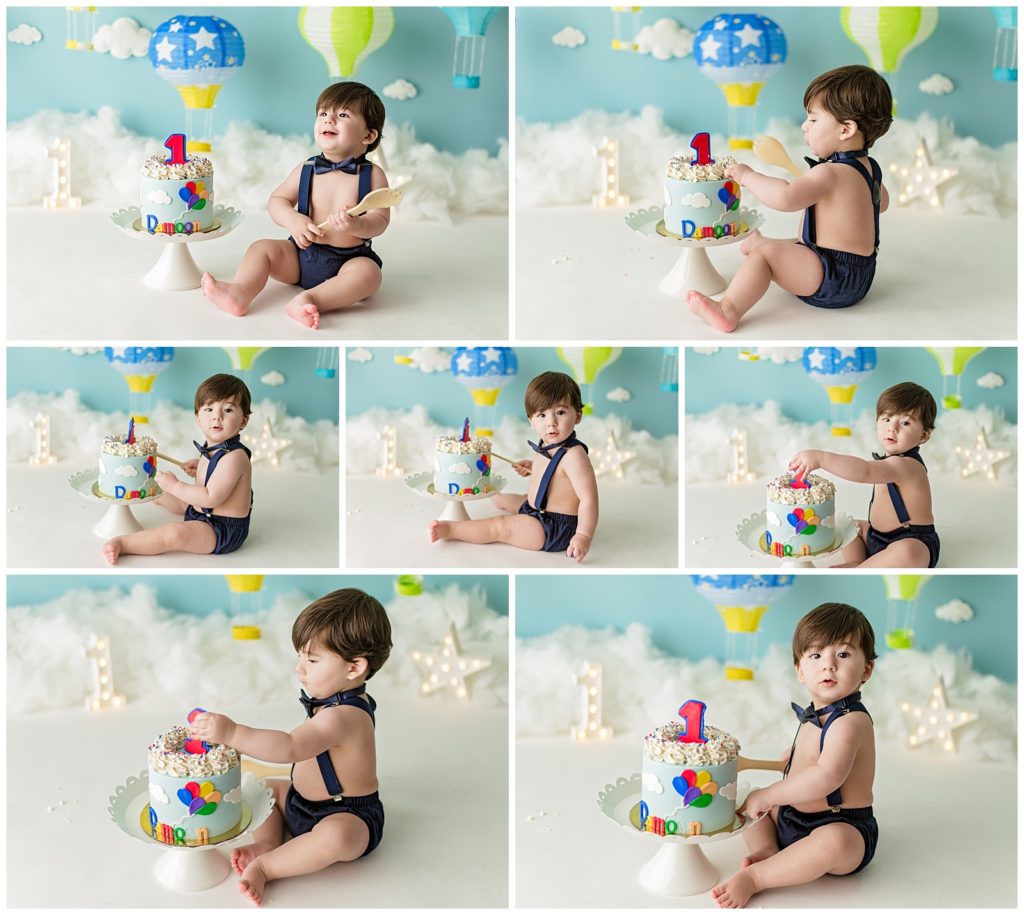 one year old boy cake smash session with hot air balloons