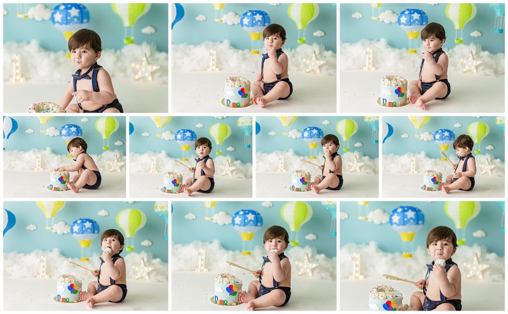 cake smash session with little boy and hot air balloon theme
