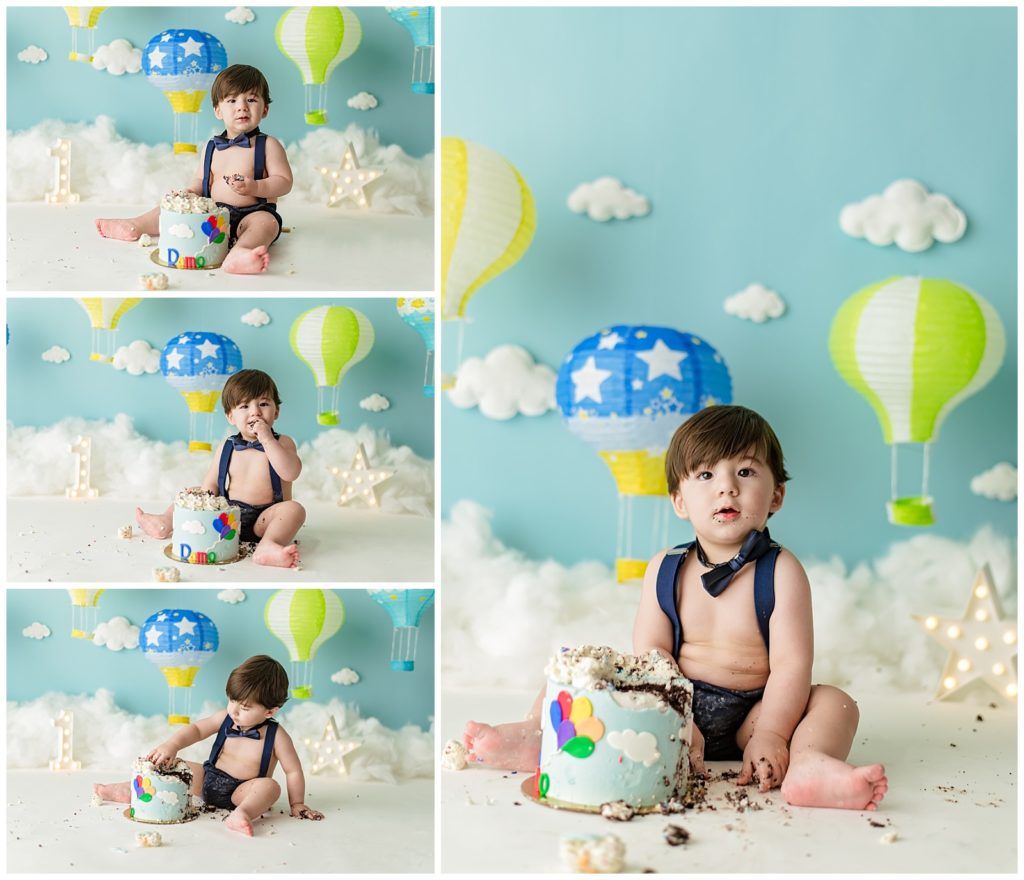 cake smash session for one year old boy hot air balloon theme