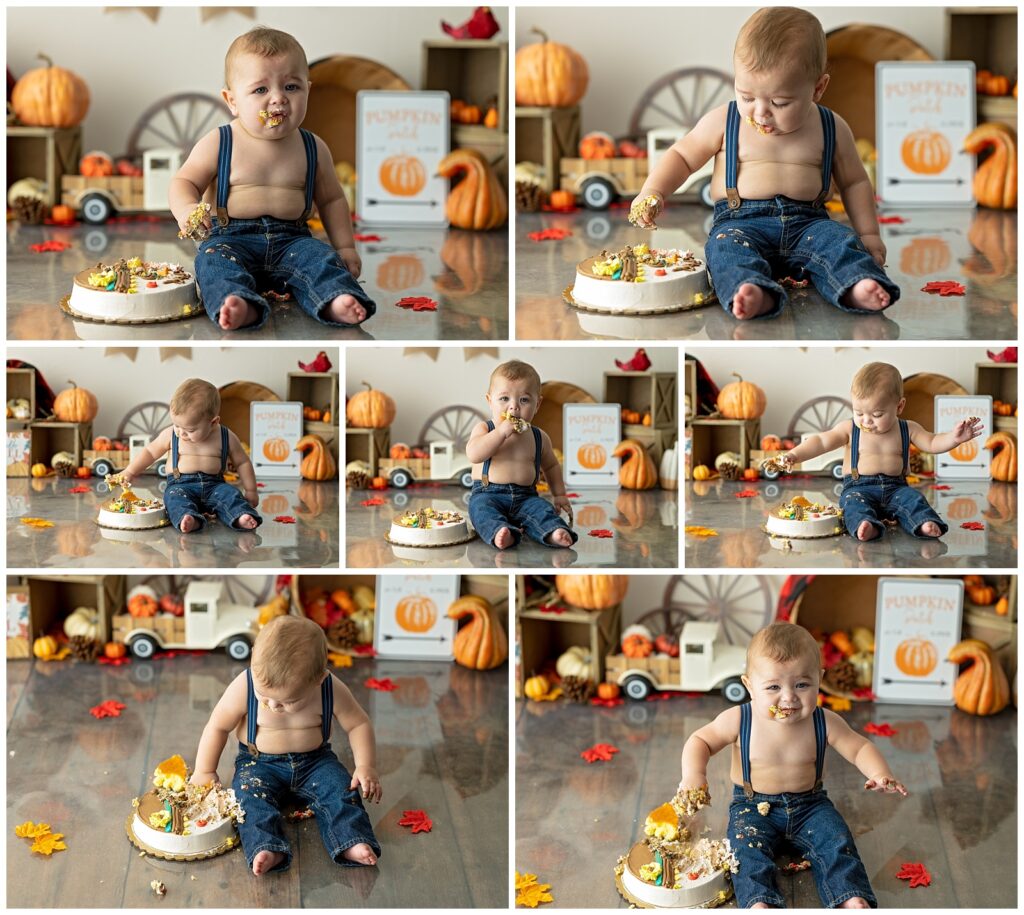 fall cake smash photography session one year old boy