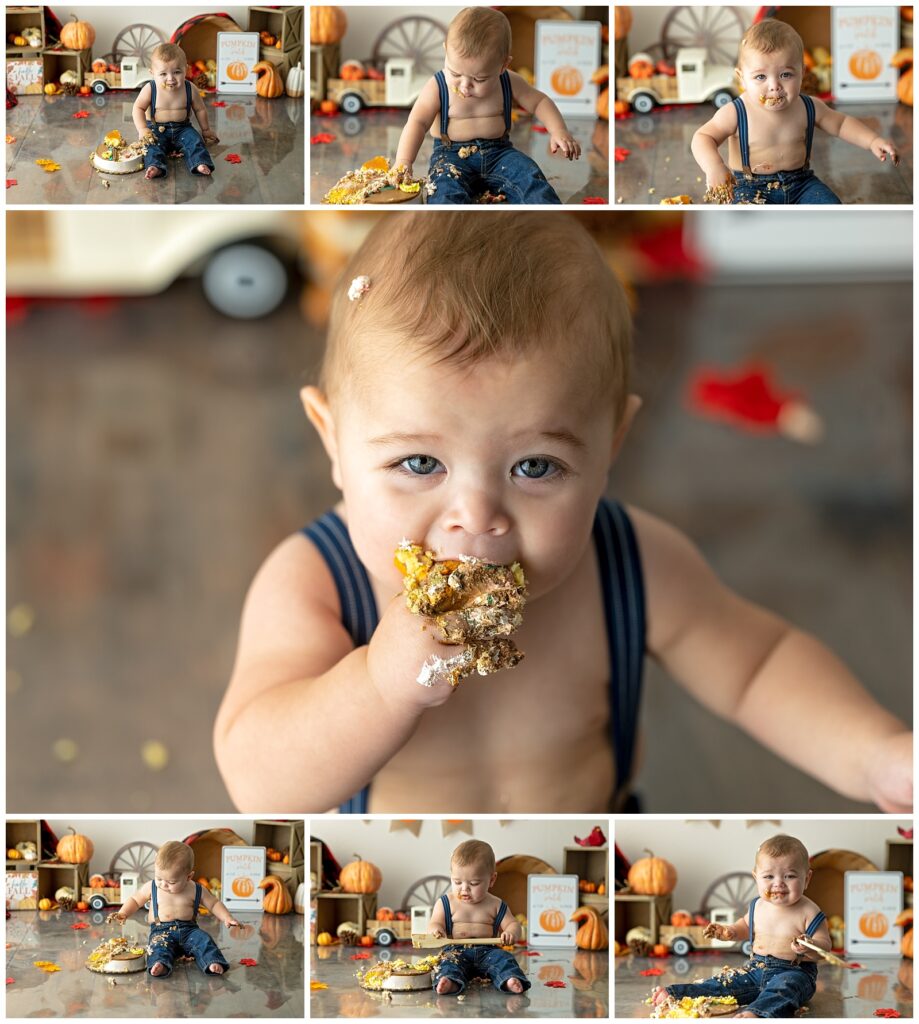 one year old boy eating cake photography session