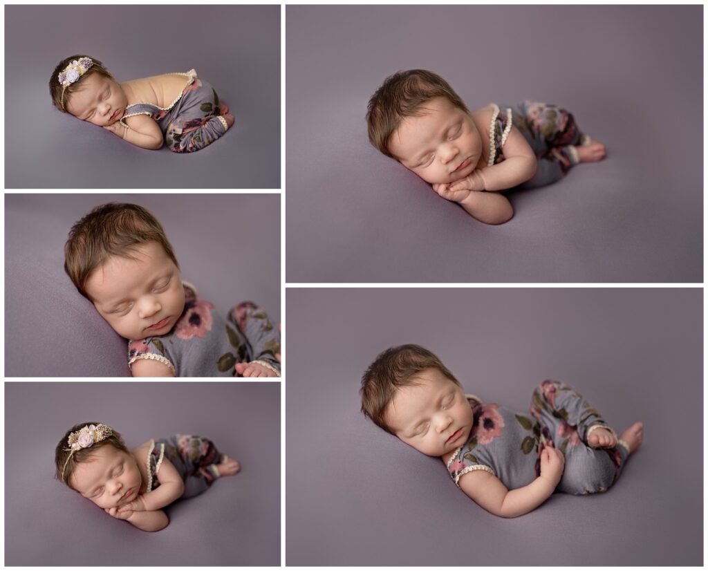 posed newborn girl photos on purple backdrop