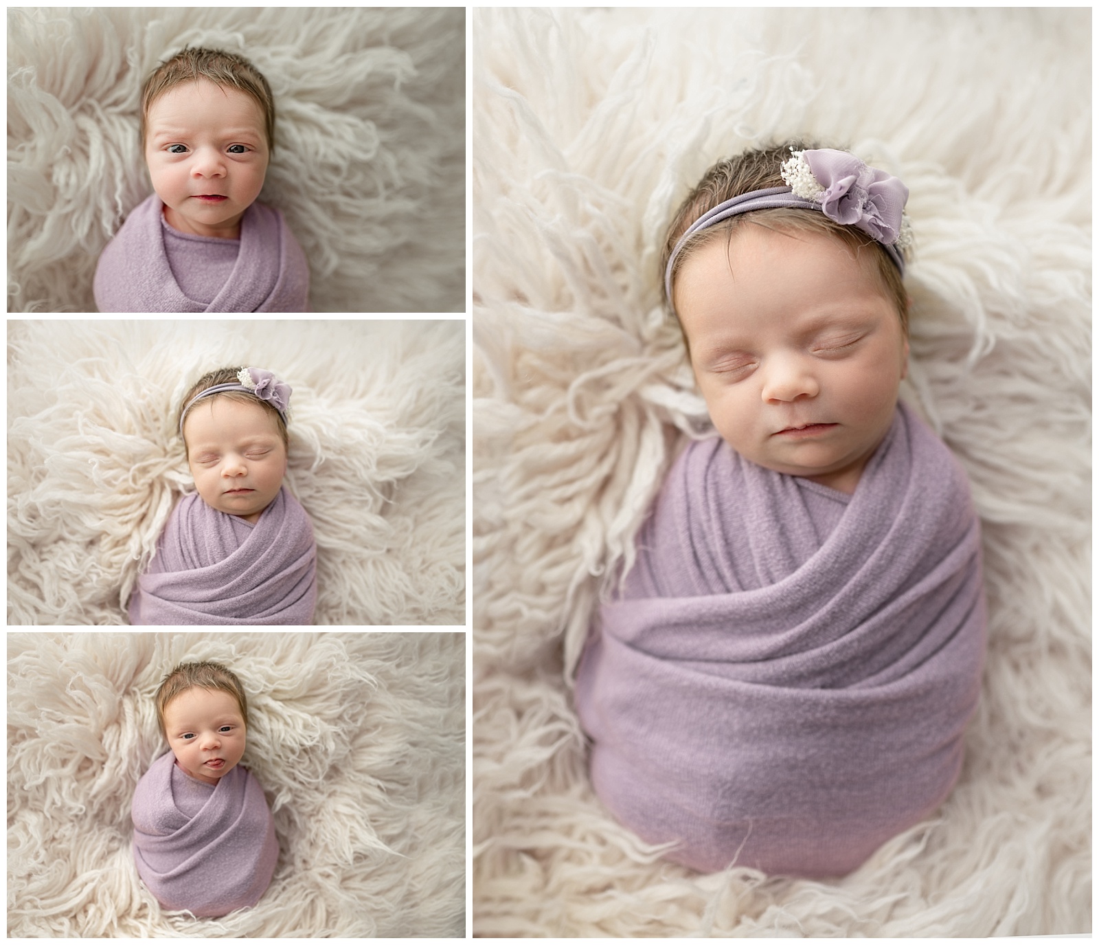 newborn girl in purple wrap on cream flokati rug