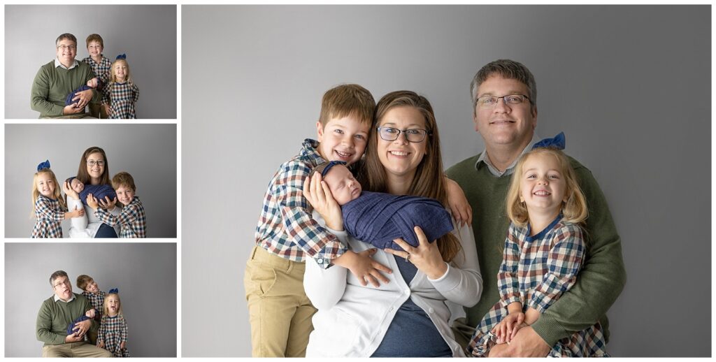 family pictures of family of 5 on grey backdrop