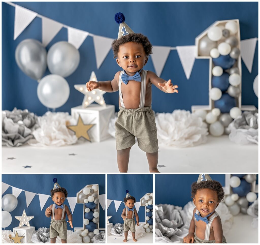 first birthday photo shoot with navy and white and grey