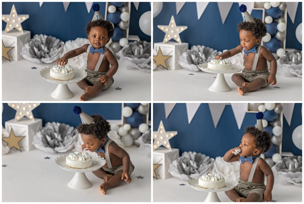 baby boy eating cake for first birthday cake smash photo shoot