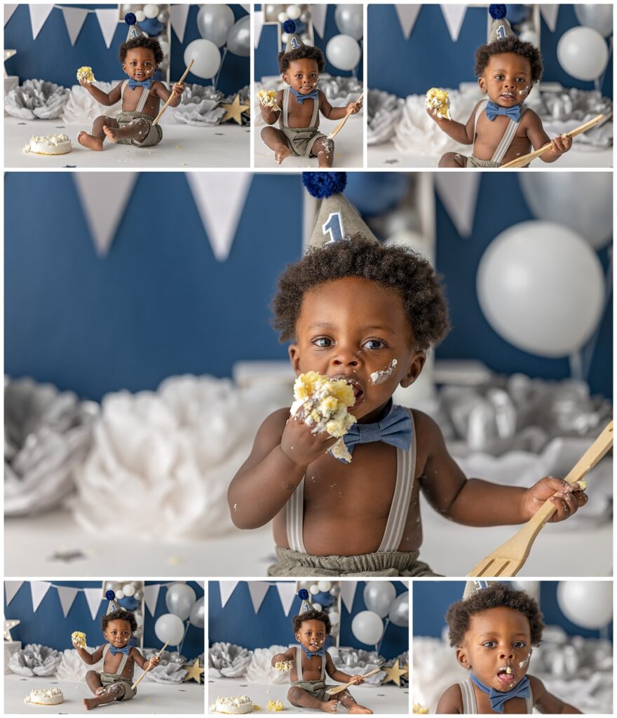 cute baby boy eating birthday cake for first birthday photoshoot