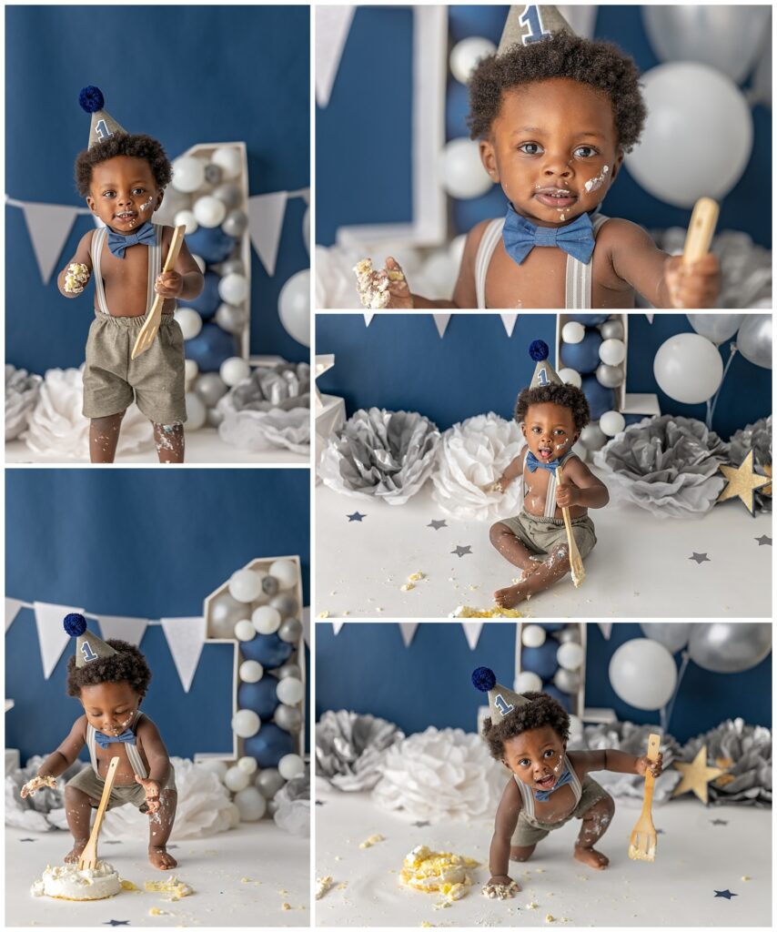 navy and white cake smash photography session with baby boy