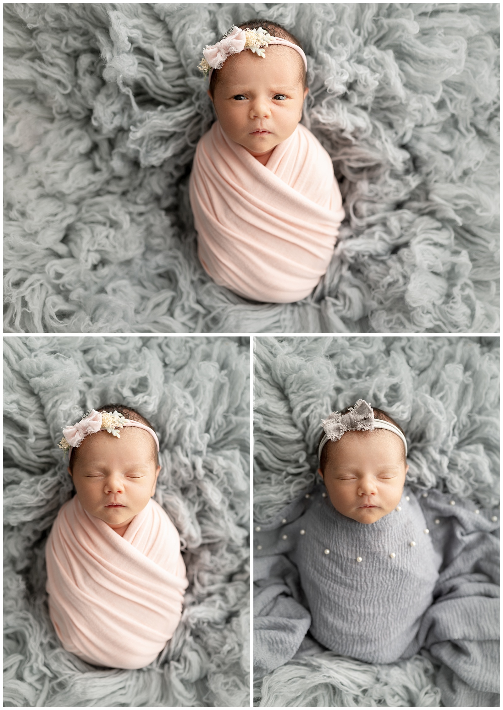 swaddled newborn baby girl in pink and grey