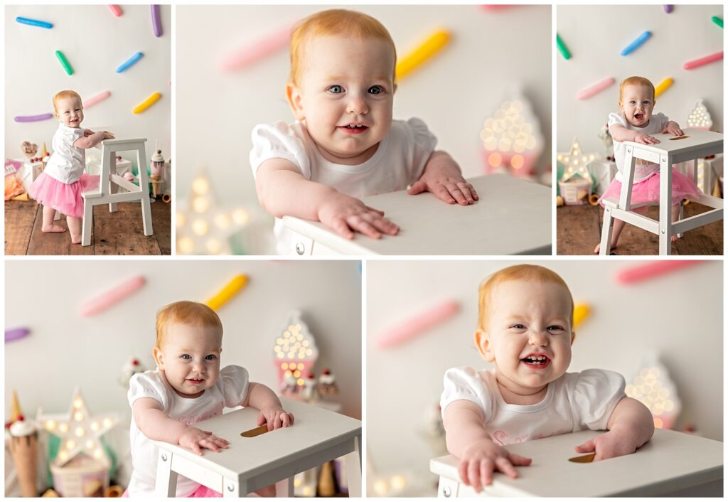 first birthday photo shoot for little girl with sprinkles