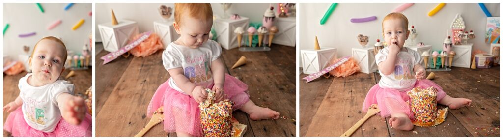 cake smash session for one year old girl using ice cream and sprinkles