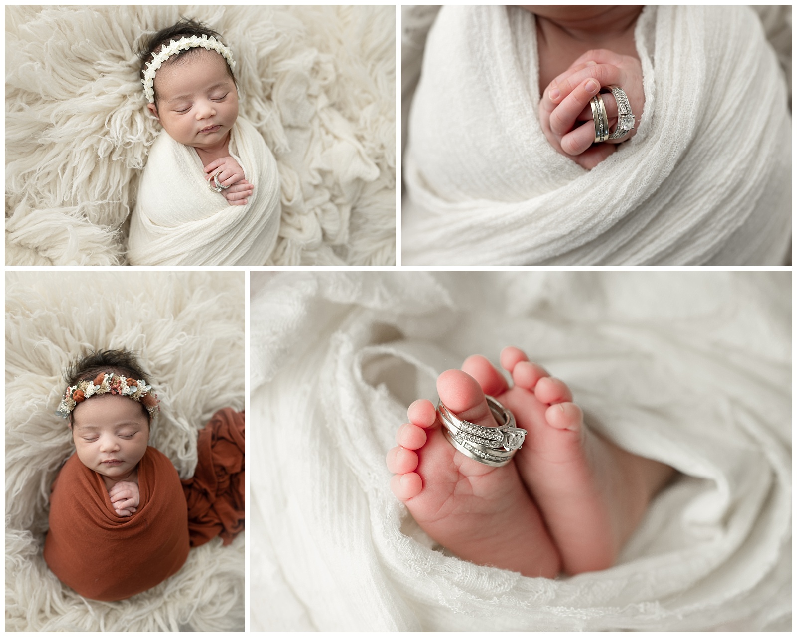 newborn baby girl with cream background and wedding rings