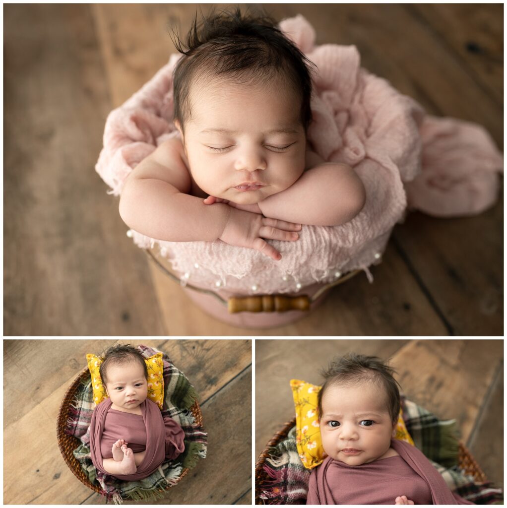 awake newborn pictures baby in a bucket and a basket