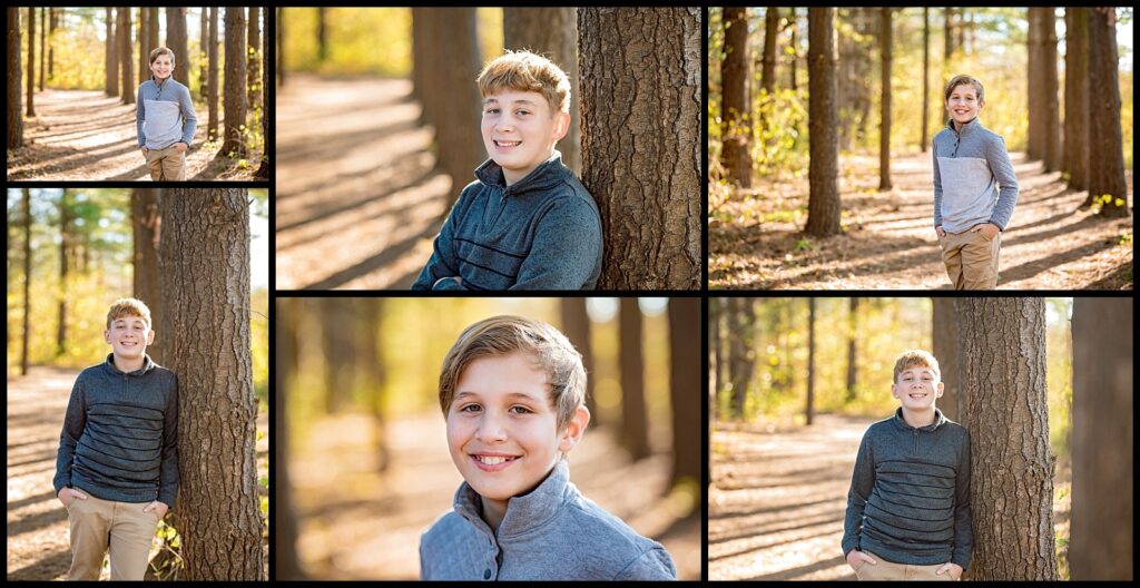 Teenager and Tween boy brothers in the woods at family photography session