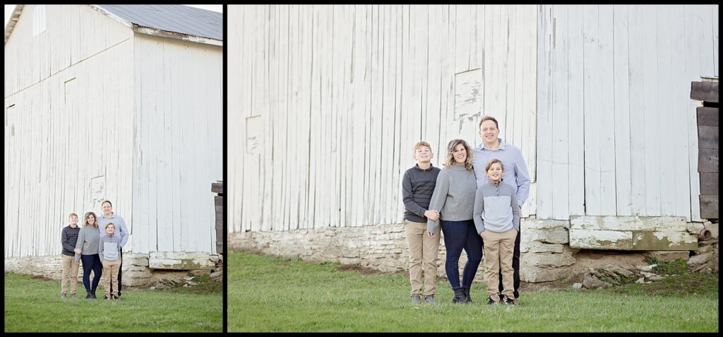 Family photography session at old white barn