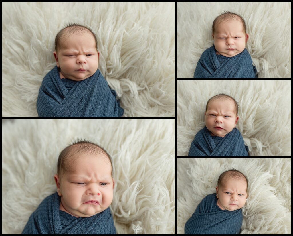 Grumpy Newborn Baby Boy on White Flokati in blue swaddle