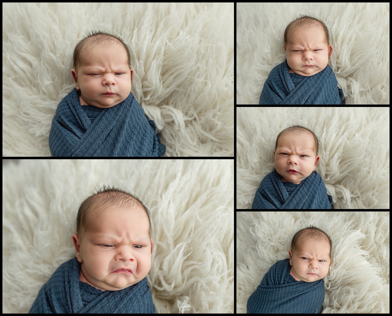 Grumpy Newborn Baby Boy on White Flokati in blue swaddle