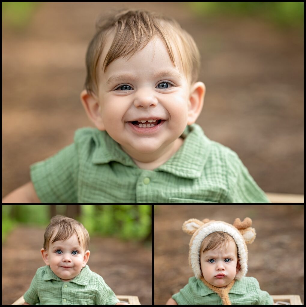 smiling and grumpy toddler pictures for first birthday in the woods