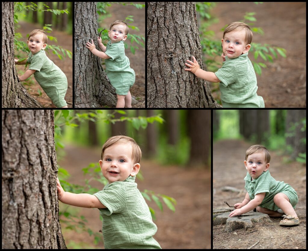 Baby playing at a tree making silly faces
